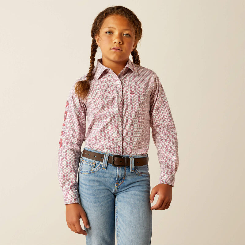 Ariat Girl's Team Kirby Western Button Down Shirt in Raspberry Geo Print