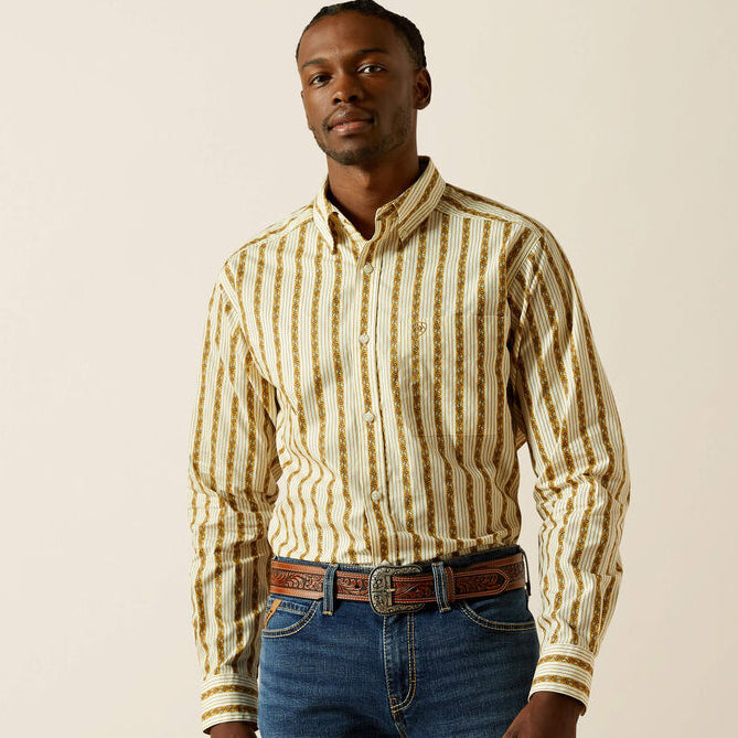 Ariat Men's L/S Brigham Fitted Striped Button Down Shirt in Tan