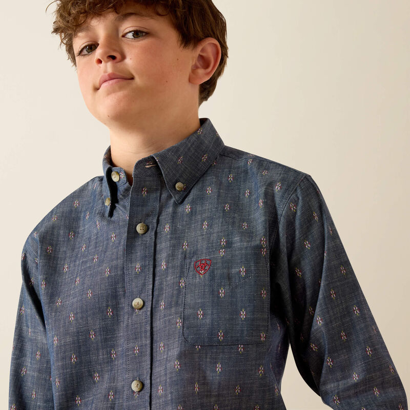 Ariat Boy's Teague L/S Classic Fit Western Button Down Shirt in Chambray Blue Medallion Print
