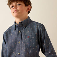 Ariat Boy's Teague L/S Classic Fit Western Button Down Shirt in Chambray Blue Medallion Print