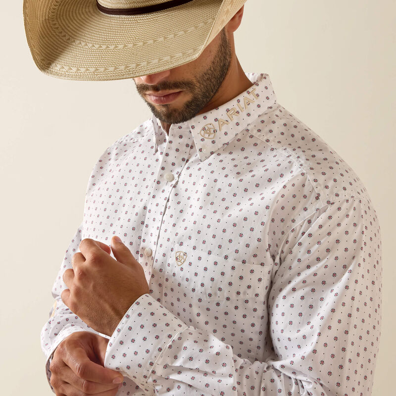 Ariat Men's L/S Team Wake Classic Fit Shirt in White/Khaki