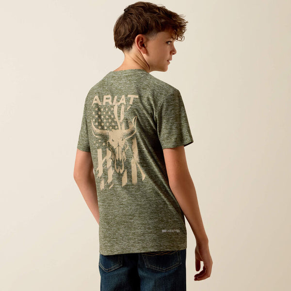 Ariat Youth Boy's Longskull Freedom T-Shirt in Dark Olive Heather