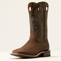 Ariat Men's Highland Toughstock Wide Square Toe Cowboy Boot in Brown Oiled Rowdy/Timber Olive