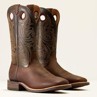 Ariat Men's Highland Toughstock Wide Square Toe Cowboy Boot in Brown Oiled Rowdy/Timber Olive