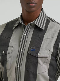 Wrangler Men's L/S Vintage Inspired Contrast Band Western Snap Shirt in Smoky Stripes