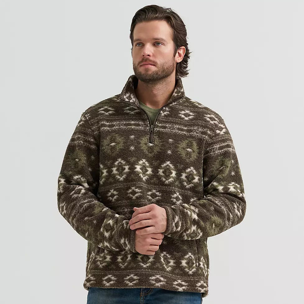 Wrangler Men's Hay Away Sherpa Quarter Zip Pullover in Black Olive