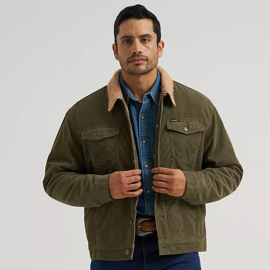 Wrangler Men's Cowboy Cut Sherpa Lined Corduroy Jacket in Olive Night