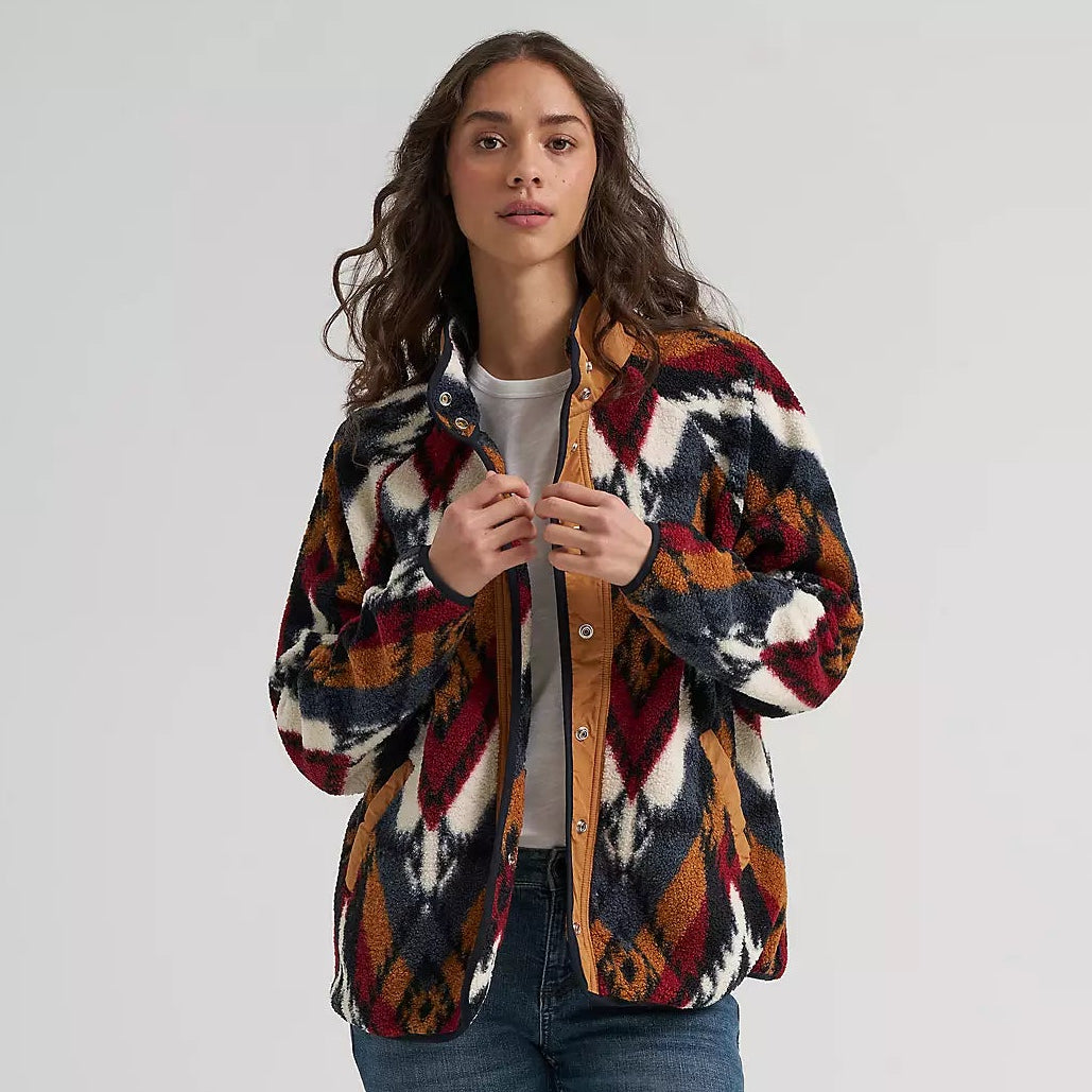 Wrangler Women's Hay Away Big Sky Sherpa Snap Jacket in Desert Chevron