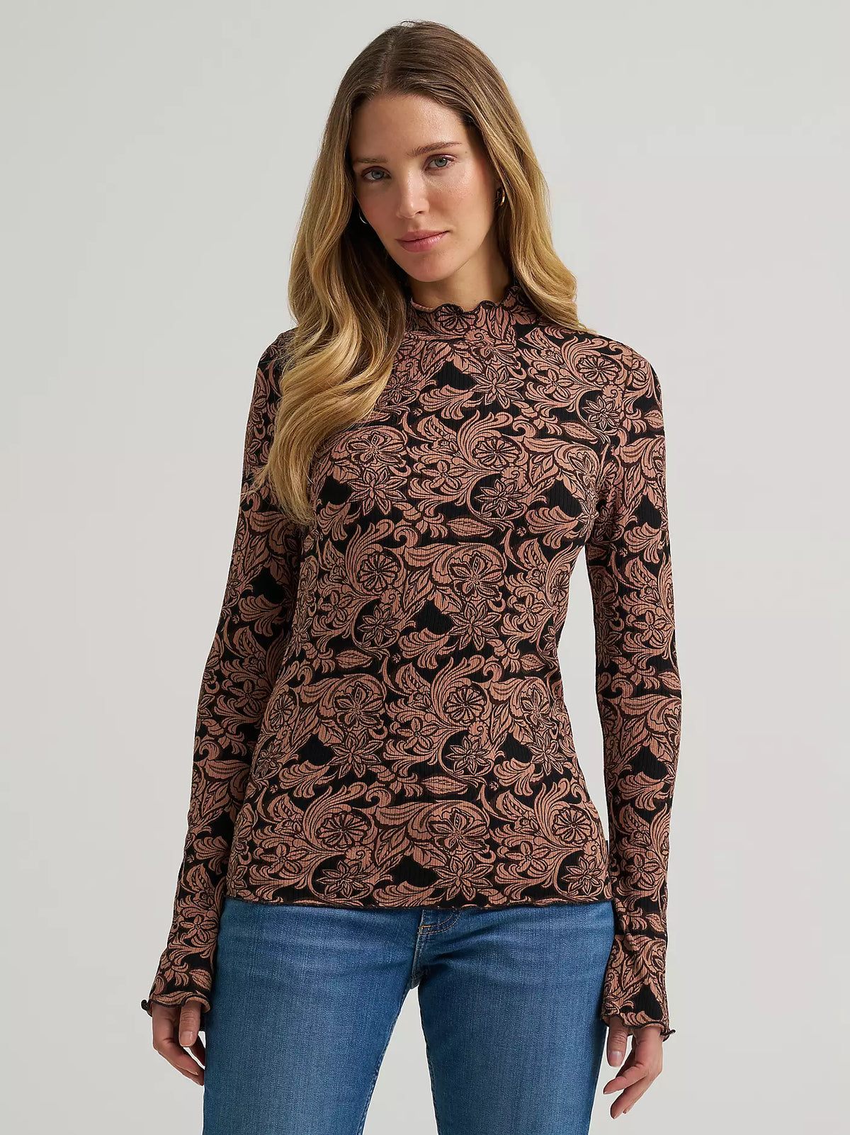 Wrangler Women's Mock Neck Knit Blouse in Black/Brown