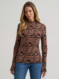 Wrangler Women's Mock Neck Knit Blouse in Black/Brown
