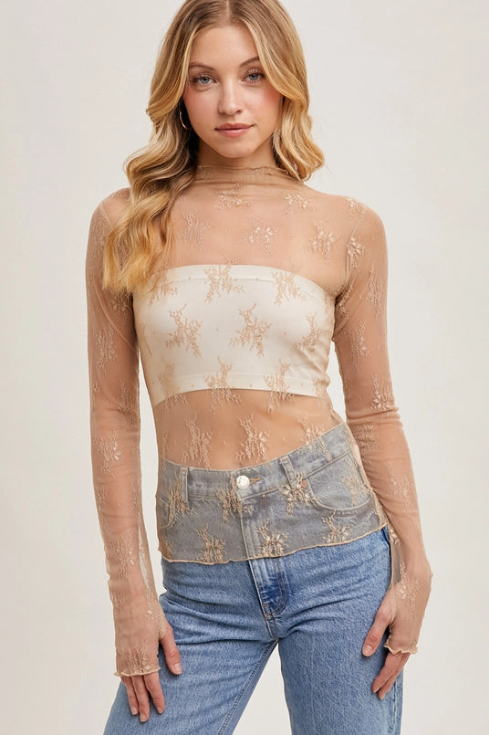 Women's L/S Sheer Floral Lace Mesh Top (5 Color Options)