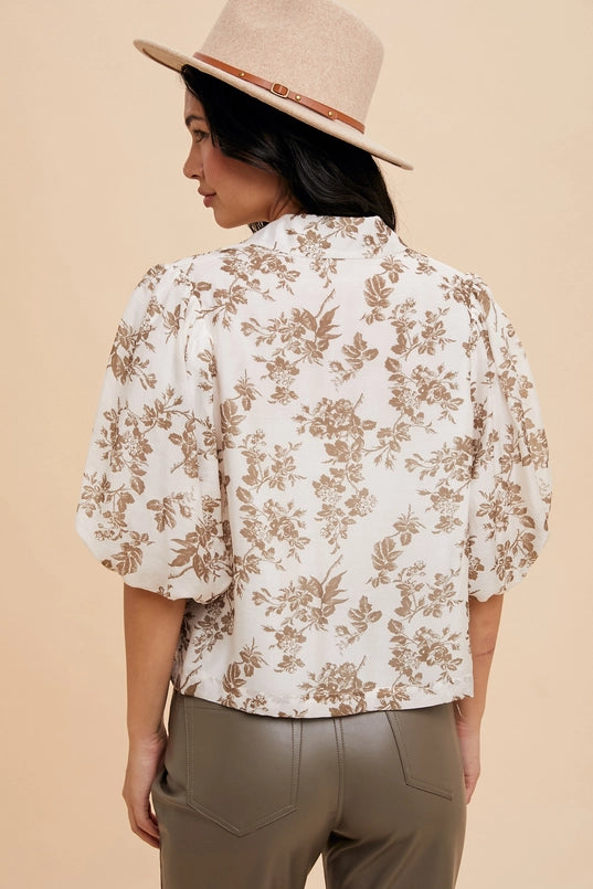 Women's Puffed Bubble Sleeve Floral Camp Shirt in Taupe