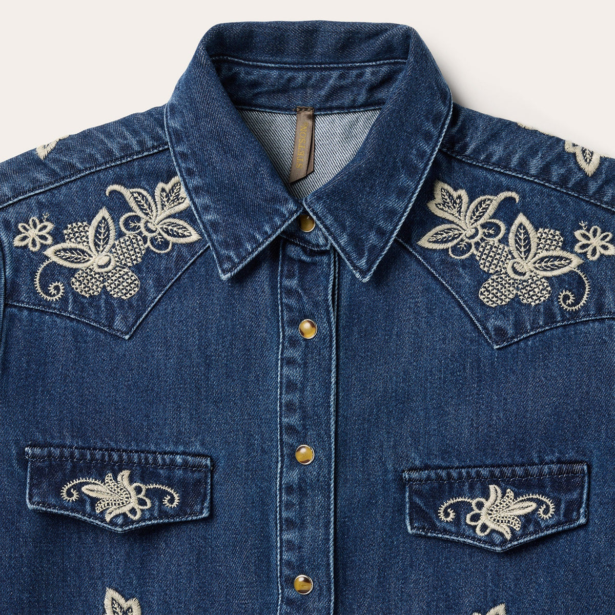 Stetson Women's L/S Floral Embroidered Denim Western Snap Shirt in Dark Wash