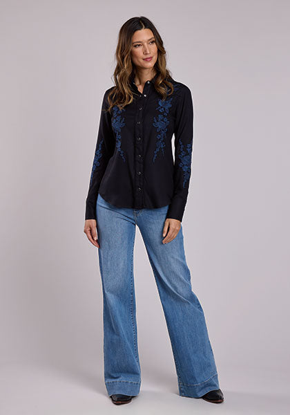 Stetson Women's L/S Retro Embroidered Western Twill Snap Shirt in Black