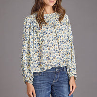 Stetson Women's Field Flowers Peasant Blouse in Cream & Blue