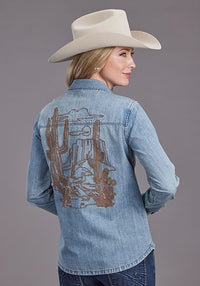 Stetson Women's L/S Embroidered Denim Western Snap Shirt in Medium Wash