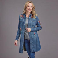 Stetson Women's Lavish Embroidered Denim Western Shirt Dress in Dark Wash