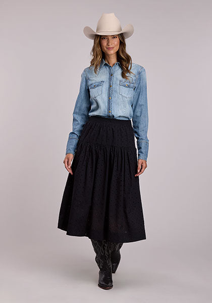 Stetson Women's Cotton Eyelet Prairie Style Skirt in Black