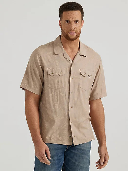 Wrangler Men's Coconut Cowboy Snap Front Camp Shirt in Brown Symbols
