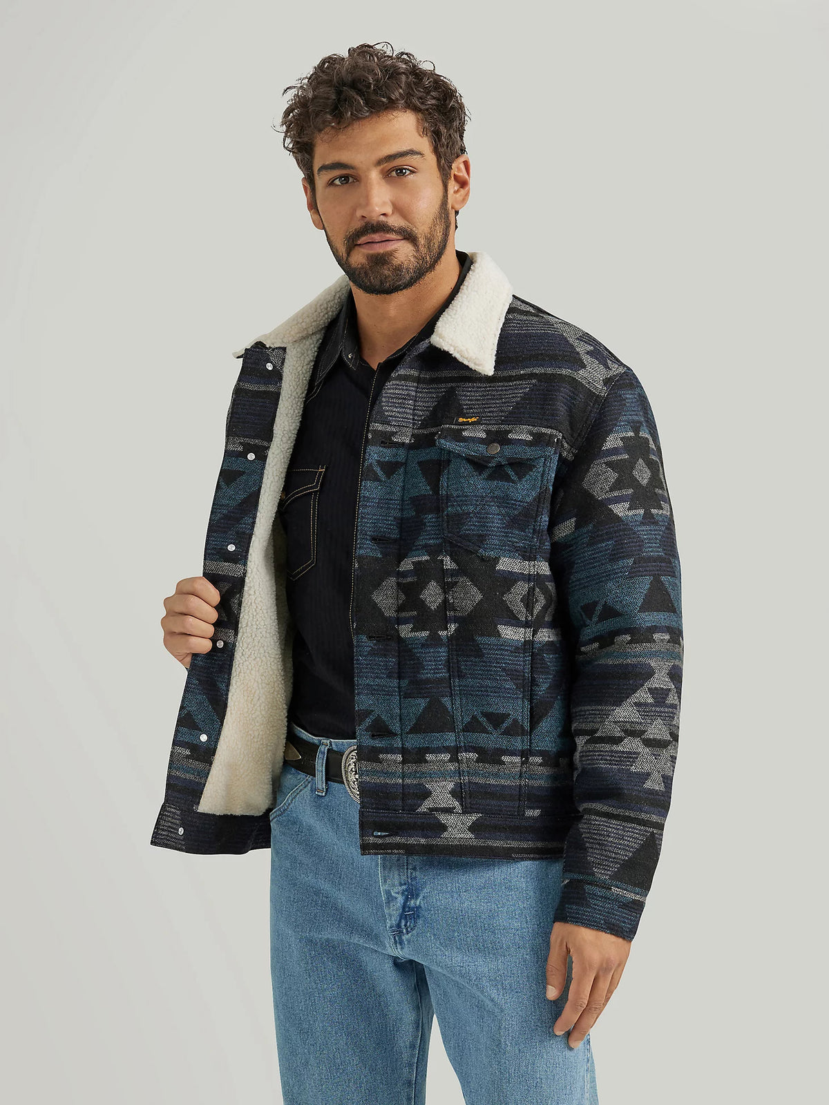 Wrangler Men's Sherpa Lined Jacquard Print Jacket in Navy Waters