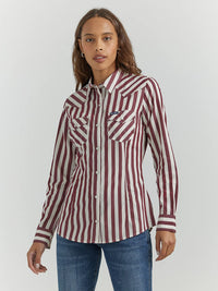 Wrangler Retro Women's L/S All Occasion Western Snap Shirt in Burgundy Stripe