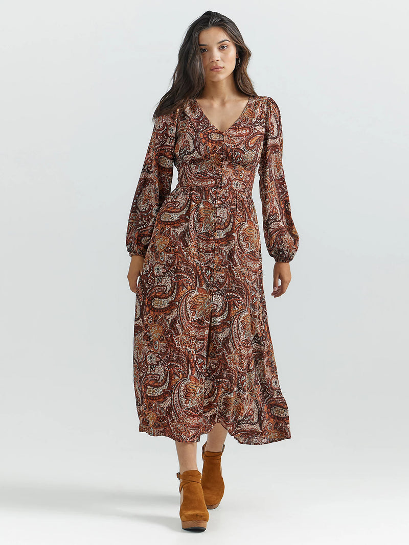 Wrangler Retro Women's Paisley Button Front Maxi Dress in Burgundy