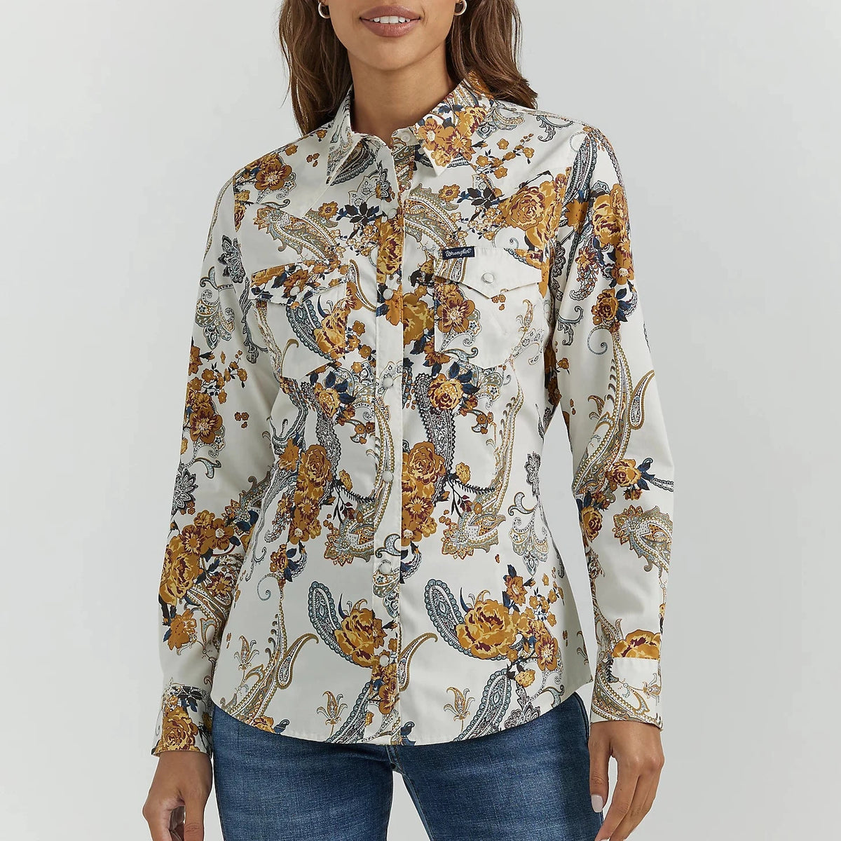 Wrangler Retro Women's L/S All Occasion Floral Paisley Western Snap Shirt in White