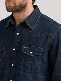 Wrangler Men's L/S Vintage Inspired Denim Western Snap Work Shirt in Dark Wash