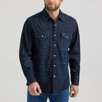 Wrangler Men's L/S Vintage Inspired Denim Western Snap Work Shirt in Dark Wash