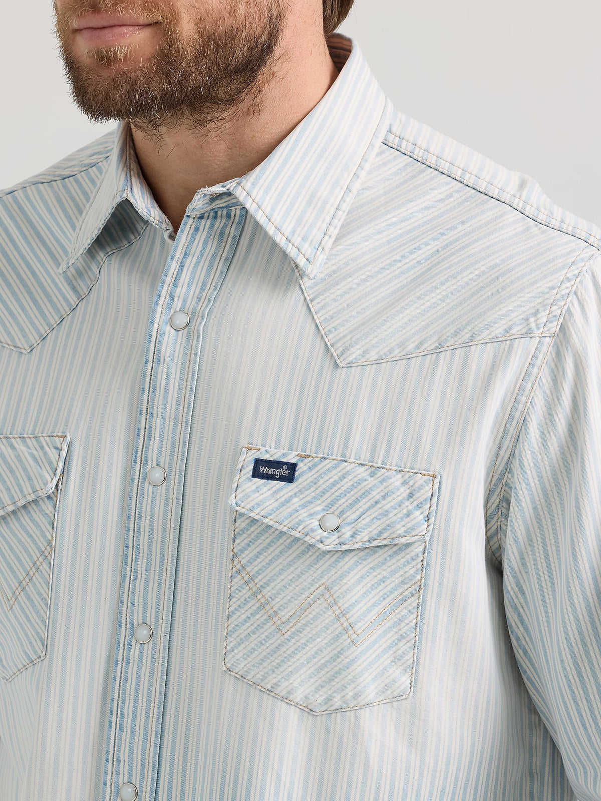Wrangler Men's L/S Vintage Inspired Railroad Stripe Western Snap Work Shirt