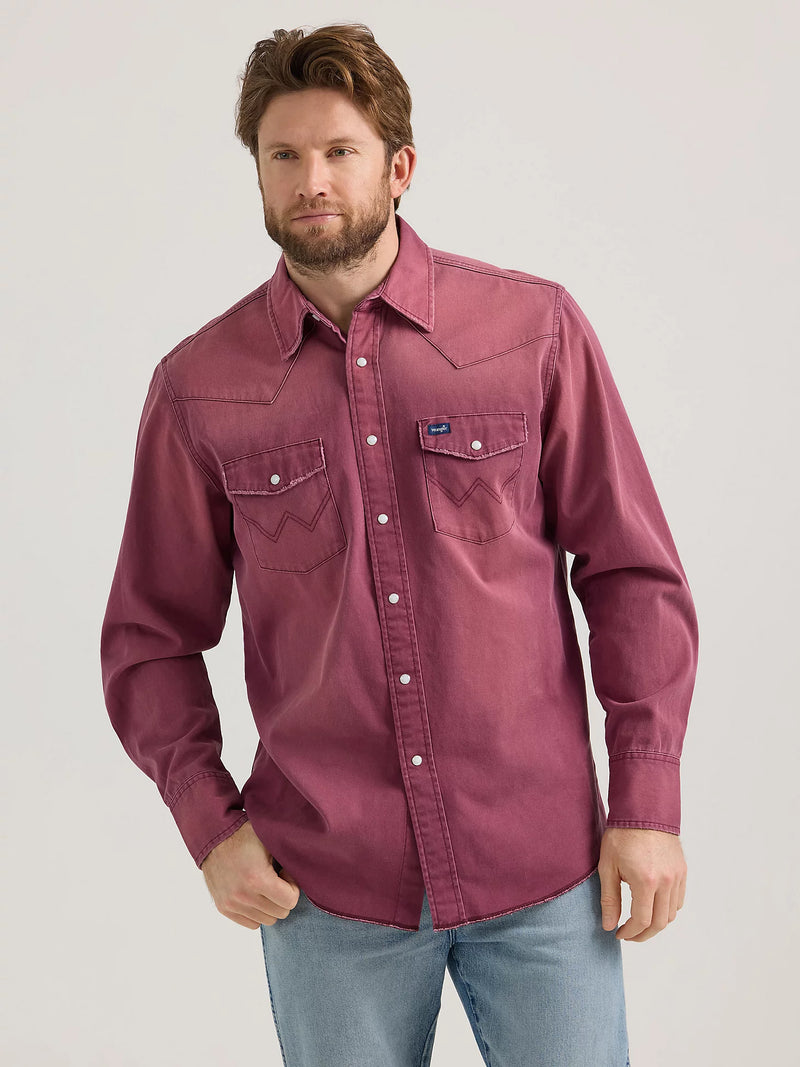 Wrangler Men's L/S Vintage Inspired Western Snap Work Shirt in Burgundy