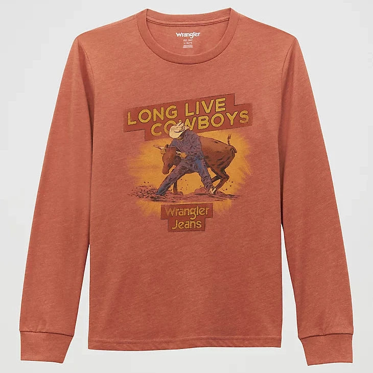 Wrangler Boy's L/S Rodeo Cowboy Graphic T-Shirt in Redwood Heather