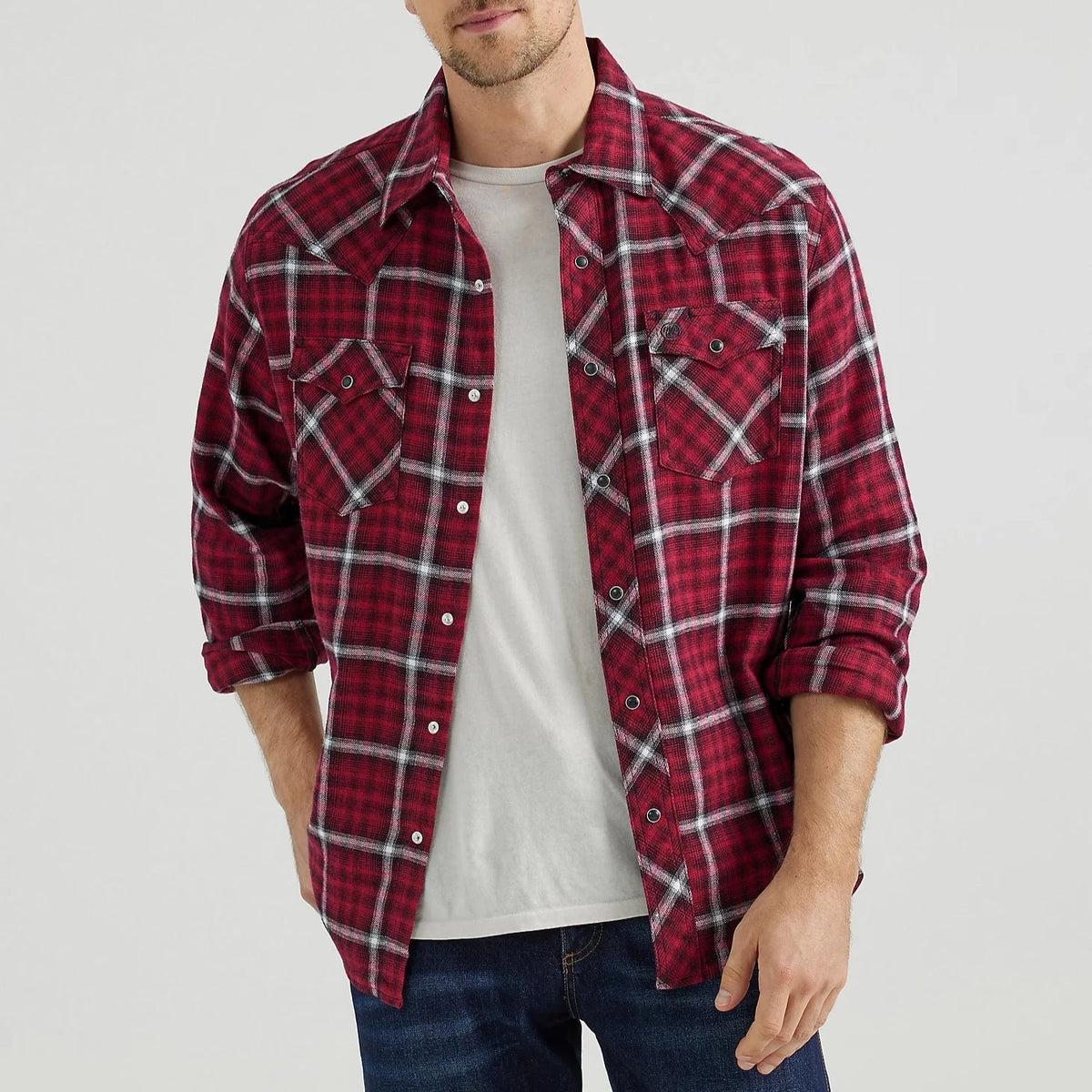 Wrangler Retro Men's L/S Flannel Western Snap Shirt in Berry Red Plaid