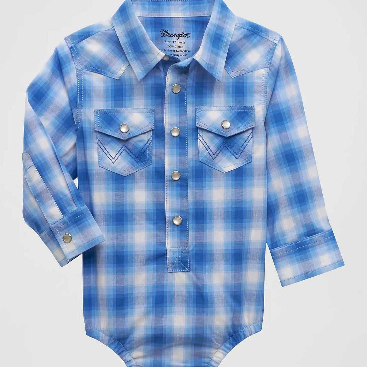 Wrangler Baby Boy's L/S Plaid Western Snap Bodysuit in Arctic Blue