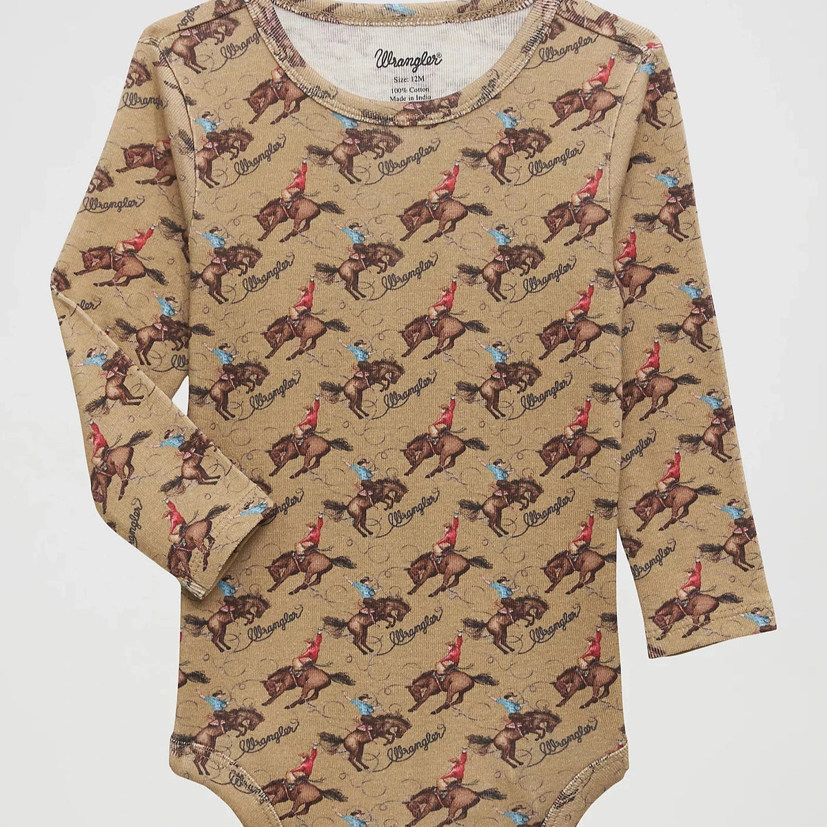 Wrangler Baby Boy's L/S Rodeo Cowboy Print Bodysuit in Tan