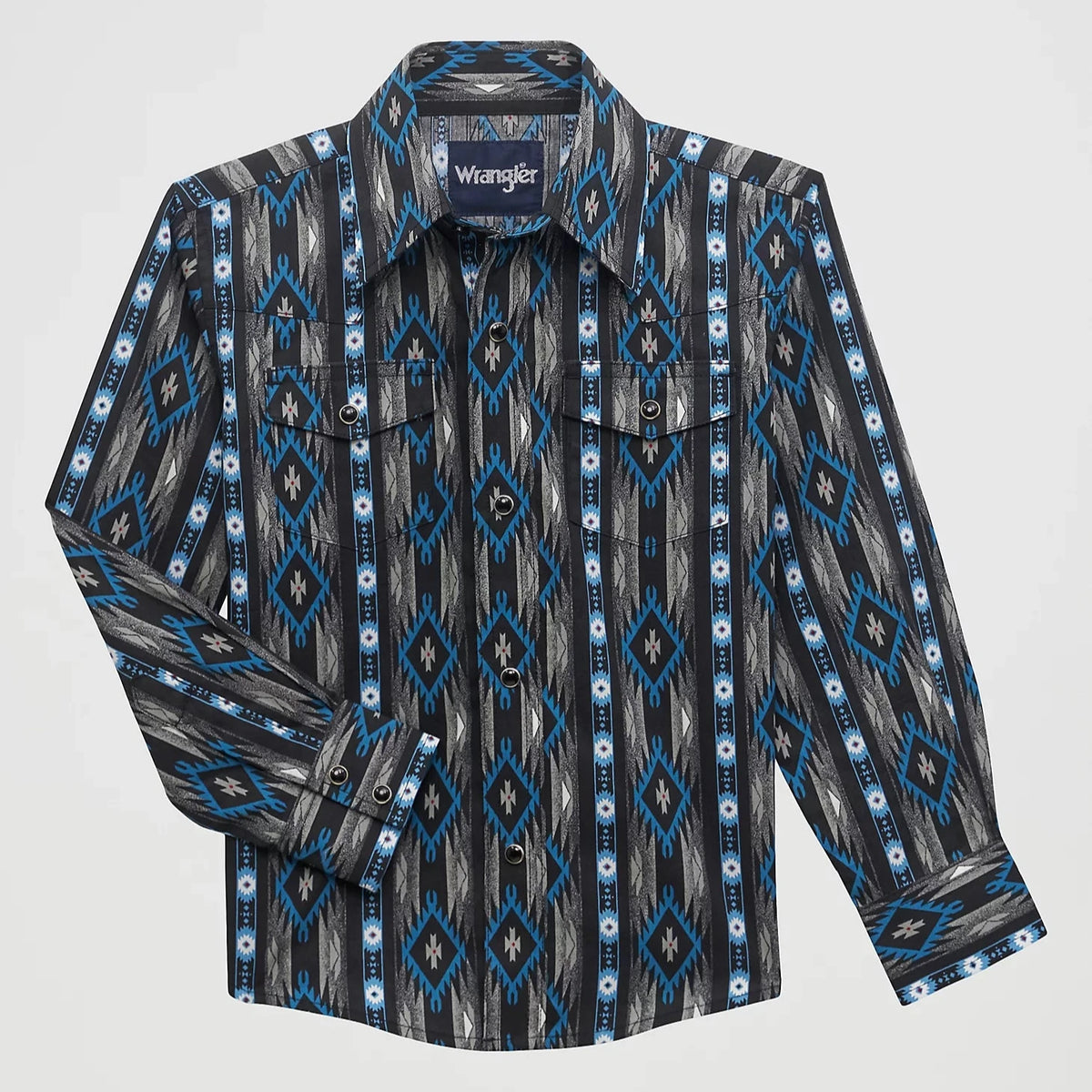 Wrangler Boy's L/S Checotah Western Snap Shirt in Black Bleu