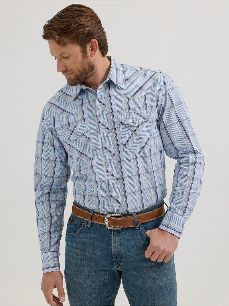 Wrangler Men's L/S 20X Competition Western Snap Shirt in Sky Plaid (Available in Tall Sizes)