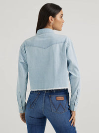 Wrangler Retro Women's Boyfriend Cut-Off Denim Western Snap Shirt in Light Wash