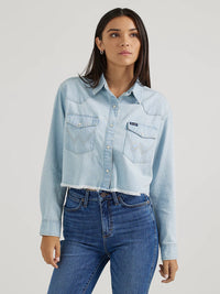 Wrangler Retro Women's Boyfriend Cut-Off Denim Western Snap Shirt in Light Wash