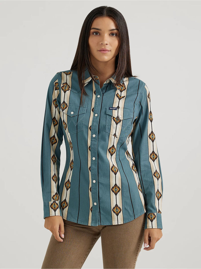 Wrangler Retro Women's L/S Checotah Classic Western Snap Shirt in Teal