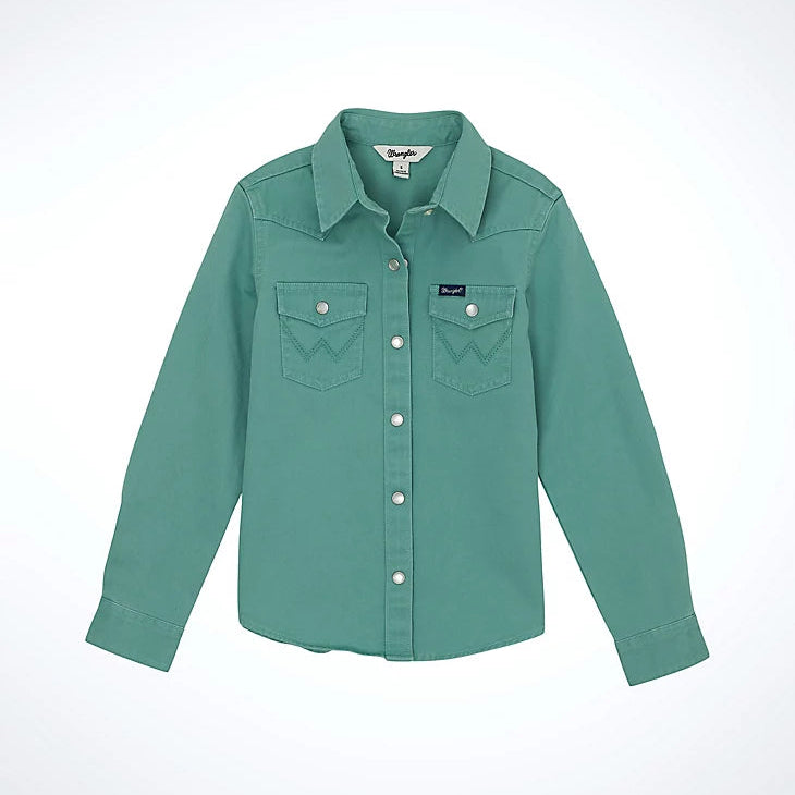 Wrangler Girl's L/S Colorwash Western Snap Shirt in Teal