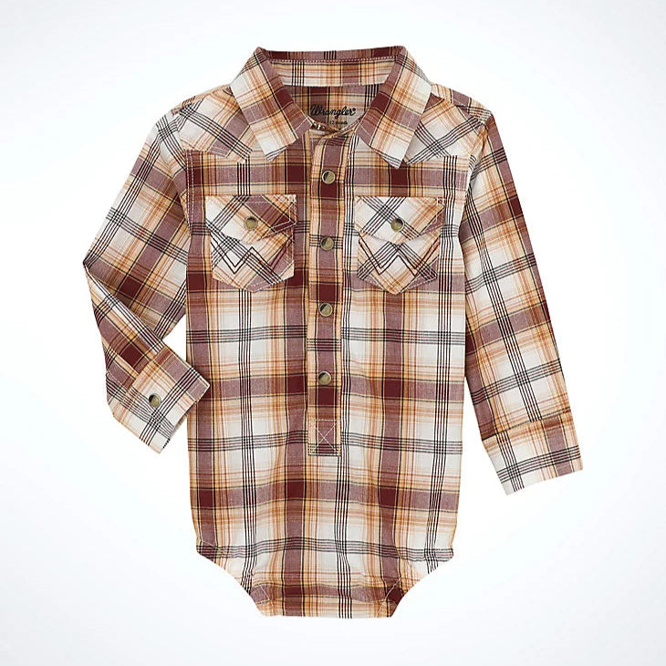 Wrangler Baby Boy's L/S Plaid Western Snap Bodysuit in Classic Browns