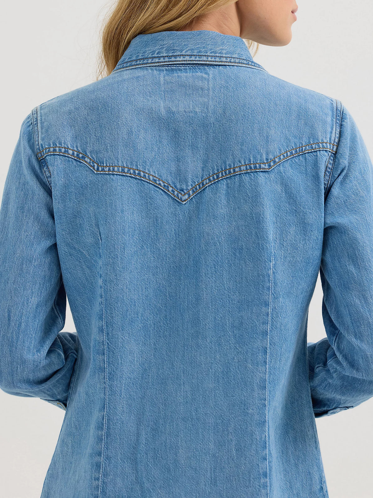 Wrangler x Lainey Wilson Moxie Western Denim Shirt in Mid Wash Denim