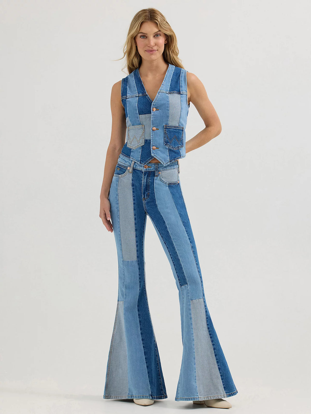 Wrangler x Lainey Wilson Patchwork Bell Bottoms in Patchwork Blue