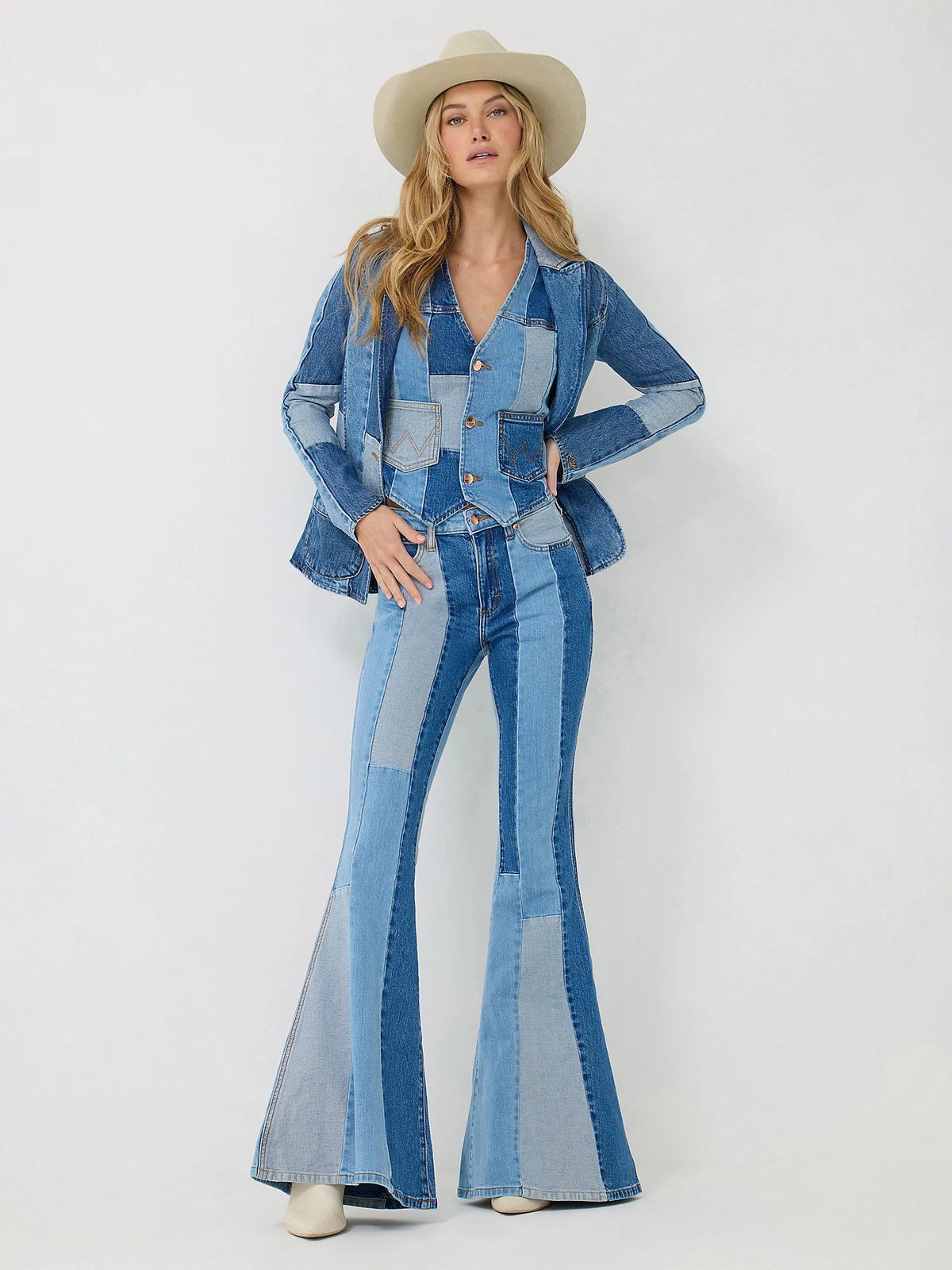 Wrangler x Lainey Wilson Patchwork Bell Bottoms in Patchwork Blue