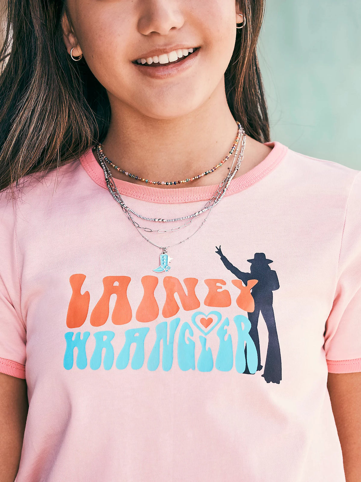 Girl's Wrangler x Lainey Wilson Lainey Shadow Ringer Tee in Blossom