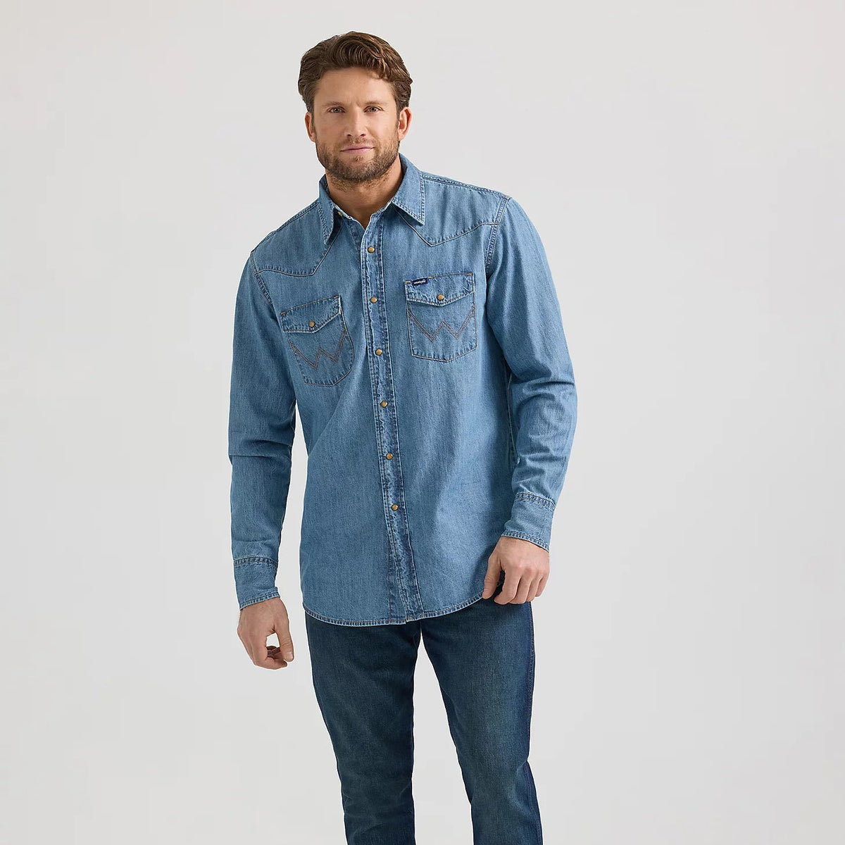 Wrangler Men's L/S Classic Denim Western Snap Shirt in Light Wash (Tall Sizes Available)