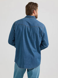 Wrangler Men's L/S Classic Denim Western Snap Shirt in Mid Wash (Tall Sizes Available)