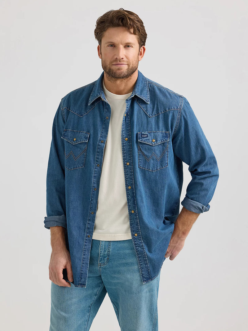 Wrangler Men's L/S Classic Denim Western Snap Shirt in Mid Wash (Tall Sizes Available)