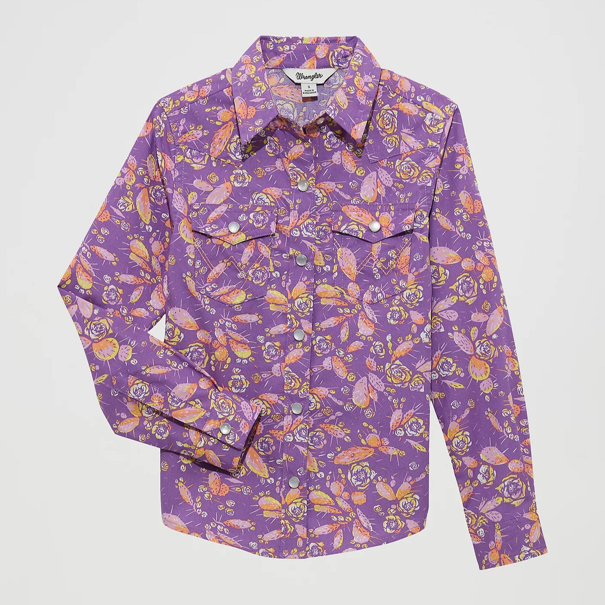Wrangler Girl's L/S Cacti Floral Western Snap Shirt in Purple